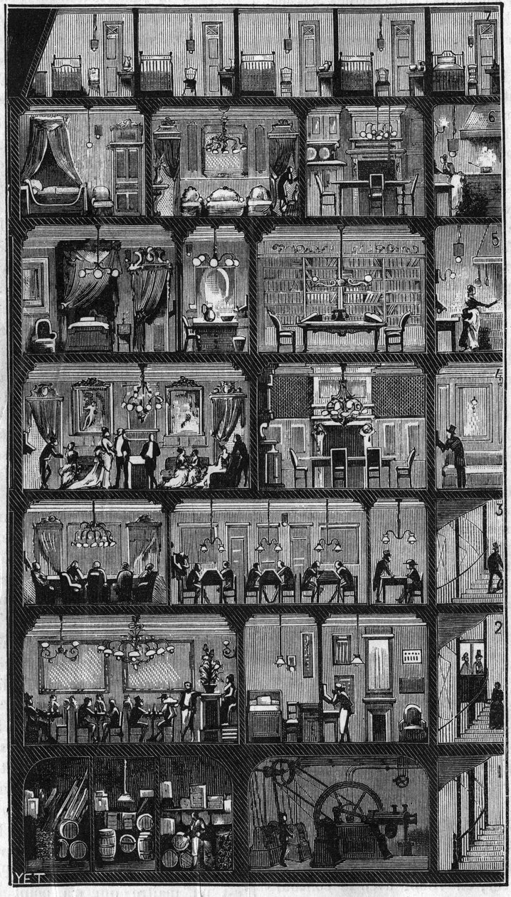 Alojamento em Paris - Secção transversal de um edifício Haussmann em Paris, em 1885. No andar de cima os bons quartos e nos outros andares, escritórios, apartamentos e sala de recepção (reunião). Gravura em "La Nature". Revisão das ciências e suas aplicaçõ de Unknown artist