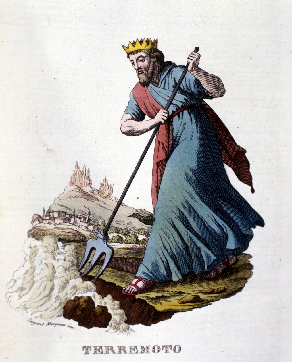 Segundo a mitologia grega, os terremotos são causados por Netuno, que sacode a terra com o seu tridente. A gravura do século XIX. de Unknown artist