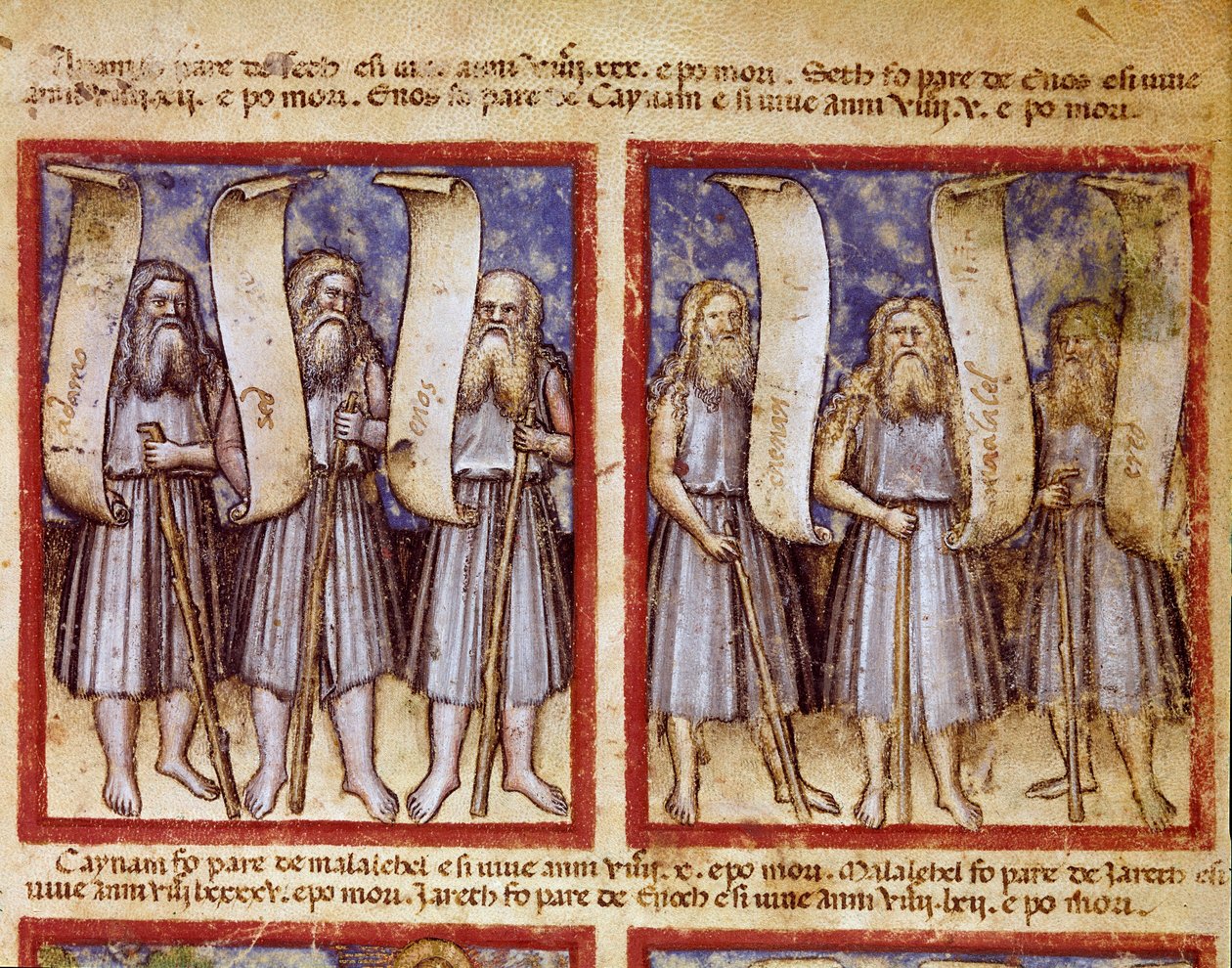 A genealogia de Adão é seguida por Seth, Enoque (Henoch ou Enosh) Kenan, Mahalalel (Mahalaleel) e Jared (ou Yared), os grandes patriarcas da Bíblia Miniatura tirada do códice 212 (ou padovano ou Bíblia de Pádua) 1390-1400 Rovigo, Accademia dei Concordi de Unknown artist