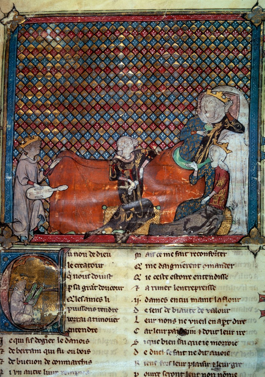 Adenet le Roi (cerca de 1240- cerca de 1300), poeta e menestrel, recita o romance de Cleomades, antes de Mathilde de Brabant (1224-1288) e da Princesa Blanche de Castela (filha de São Luís). Miniatura de uma coleção de poesias francesas de Unknown artist