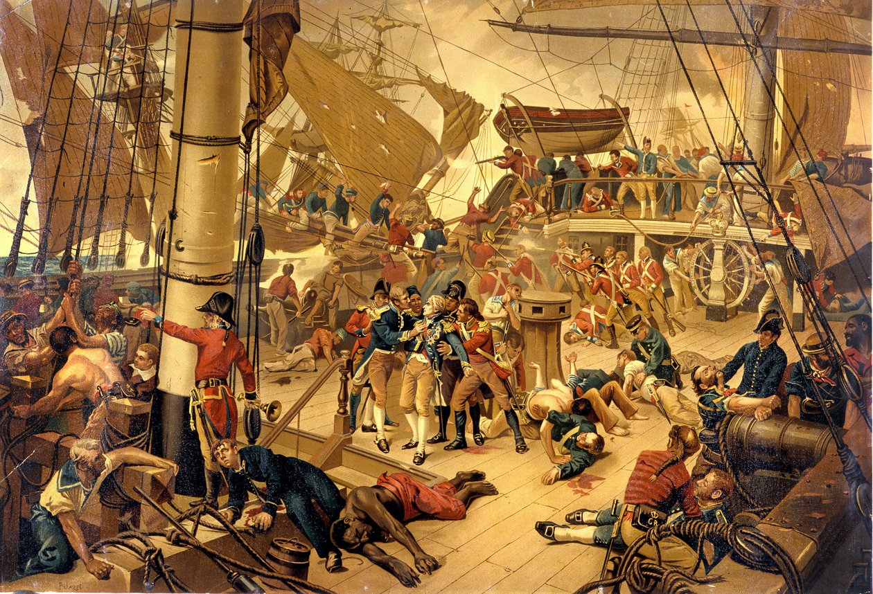 O Almirante Nelson sofre ferimentos graves na Ponte da Vitória durante a Batalha de Trafalgar, em 21/10/1805. de Unknown artist