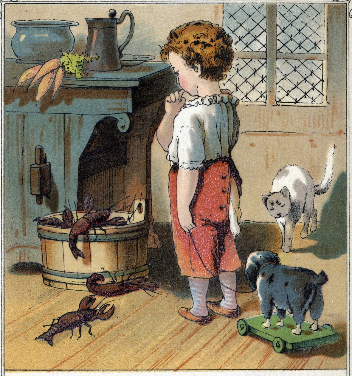 Adolphe empurra por curiosidade, aproveita-se de estar sozinho na cozinha para se aproximar do balde que contém o lagostim. Um deles agarra seu dedo com o alicate e o machuca. Cromolitografia da editora "Scenes enfantines". Guerin - Muller por volta de 188 de Unknown artist
