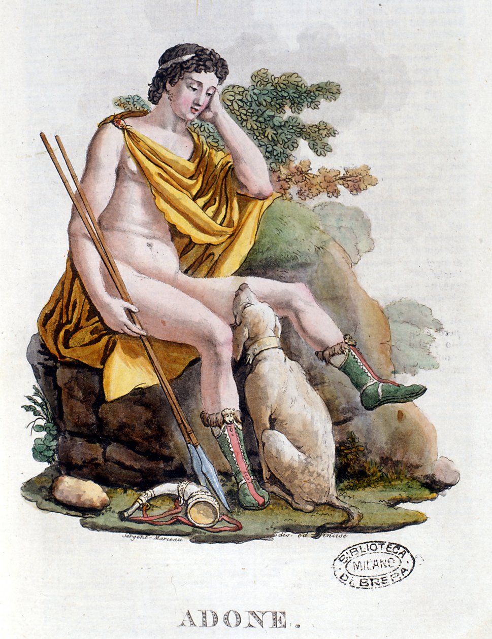Adónis. Deus Grego de origem Fenícia. Gravura do século XIX. Biblioteca nazionale Braidense. Milão de Unknown artist