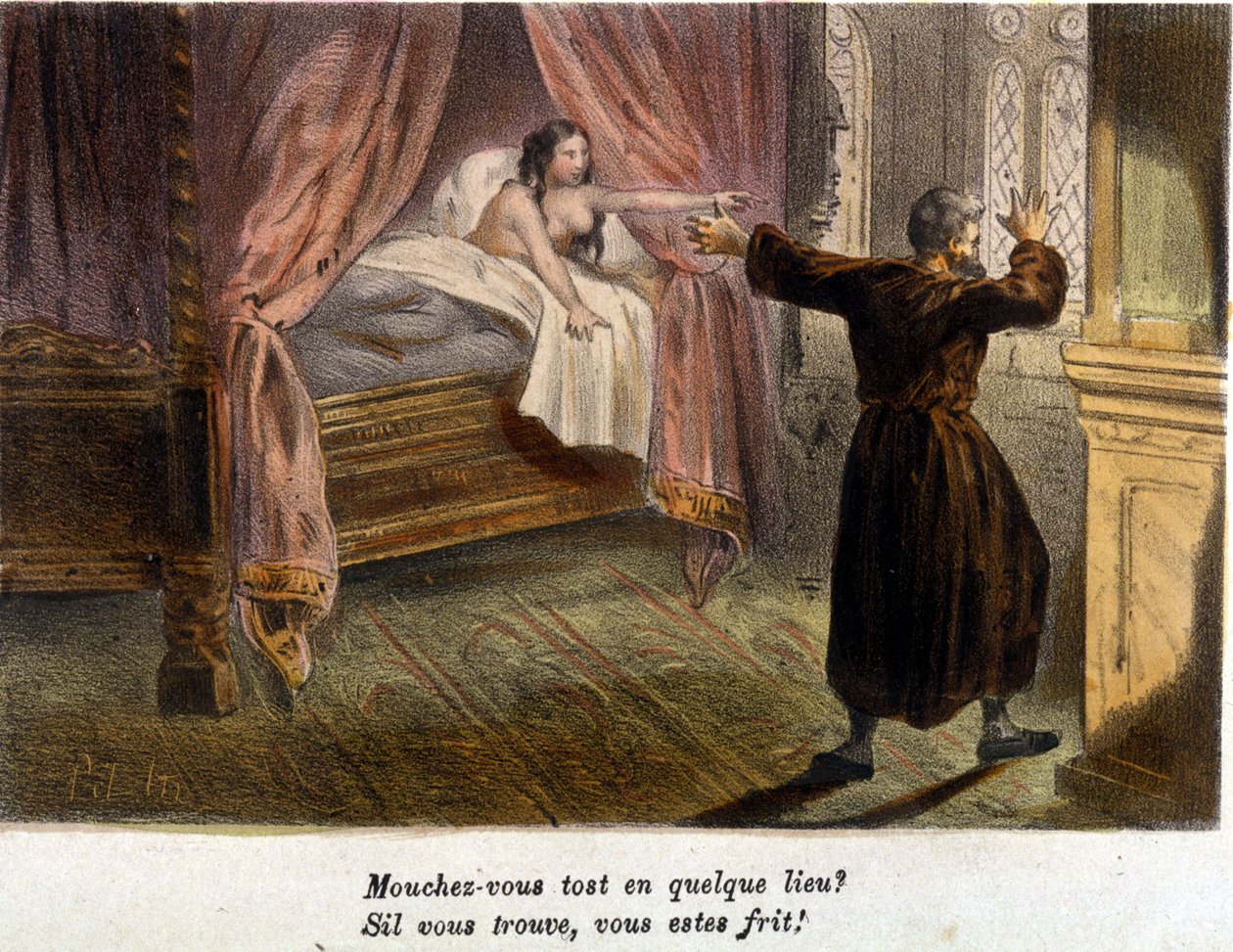 Adultério: um monge surpreso tentando se esconder e uma mulher nua na cama. Litografia sd. início do século XIX. de Unknown artist