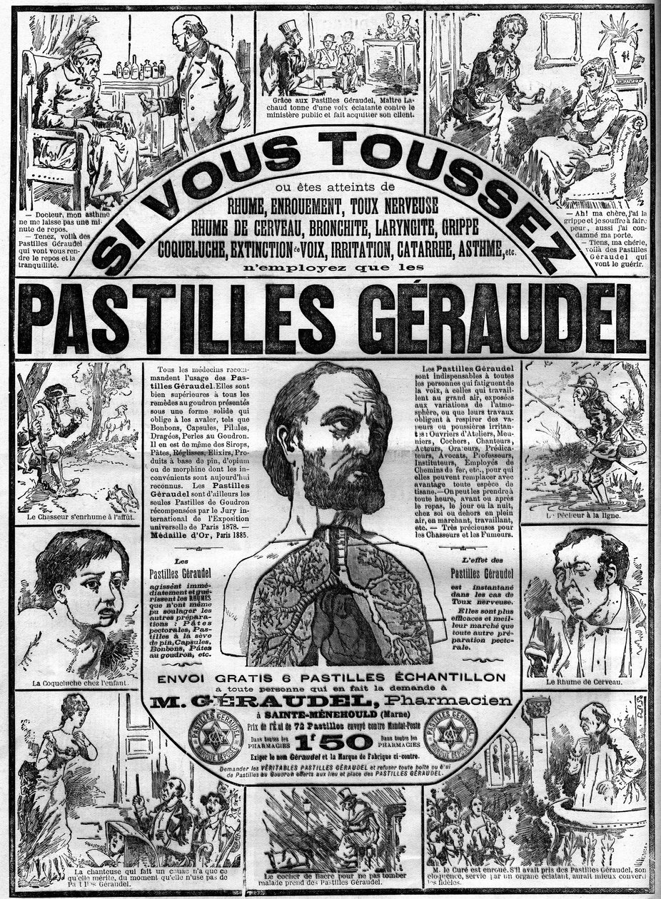 Publicidade de comprimidos de Geraudel pelo farmacêutico Arthur Geraudel (1841-1906) a Sainte-Menehould (Sainte Menehould) contra a tosse. Gravura em "Le monde illustrious" (O monde ilustre) de Unknown artist