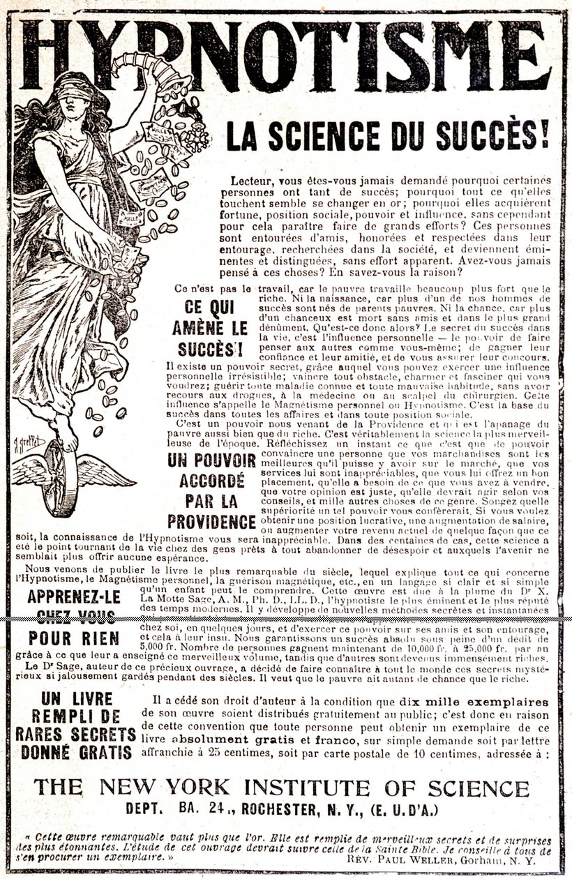 Publicidade a um livro de hipnose - no "Le Petity Journal". de Unknown artist