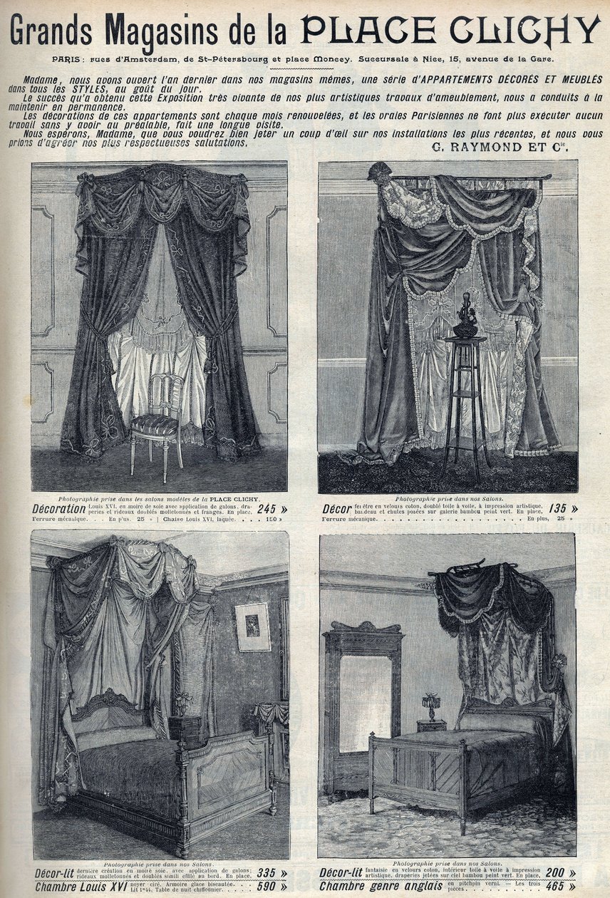 Publicidade para móveis e decorações das lojas de departamento da Place de Clichy em Paris Gravação em "Le sun-du-dimanche". de Unknown artist
