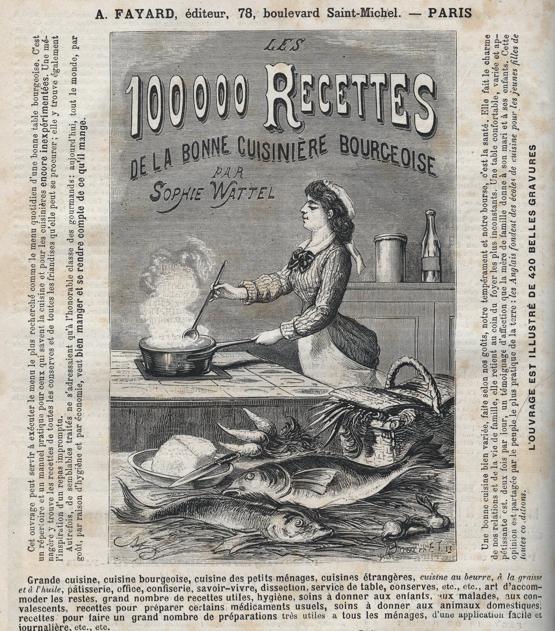 Publicidade do livro "Les cem mil recipes de la bonne cuisiniere bourgeoise" de Sophie Wattel (Grande cozinha, cozinha burguesa, cozinha de petits menages, cozinha de cozinhas estrangeiras, pastelaria, escritório, confeitaria, savoir-vivre, dissecação de Unknown artist