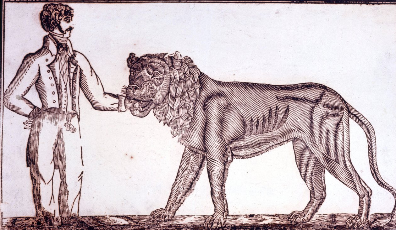Publicidade para o circo em 1800, retratando um domador colocando a mão na boca de um leão. de Unknown artist