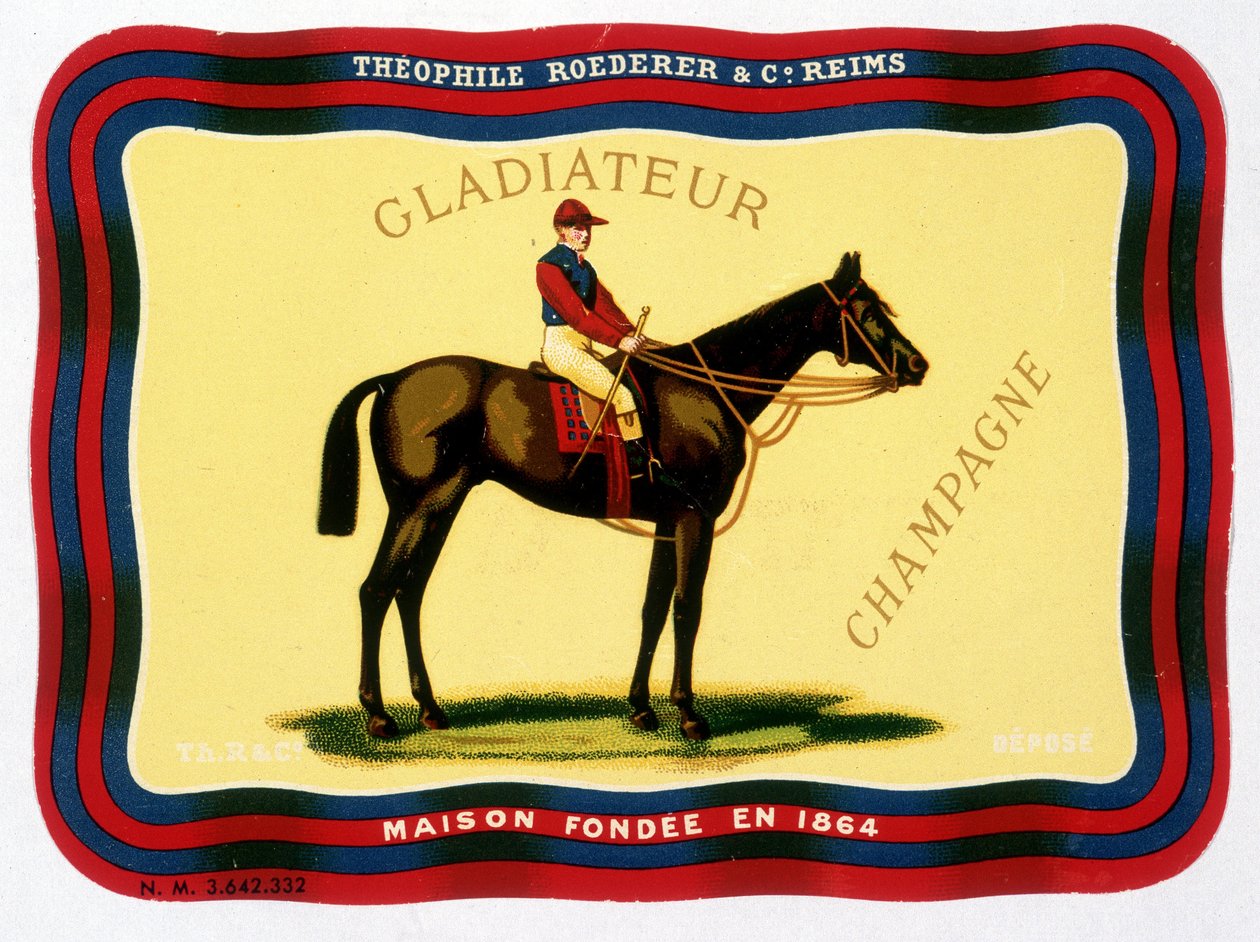 Etiqueta publicitária de “” Gladiateur Champagne - Théophile Roederer & C¡. Reims - Casa fundada em 1864 ””. Cromolitografia nd. de Unknown artist