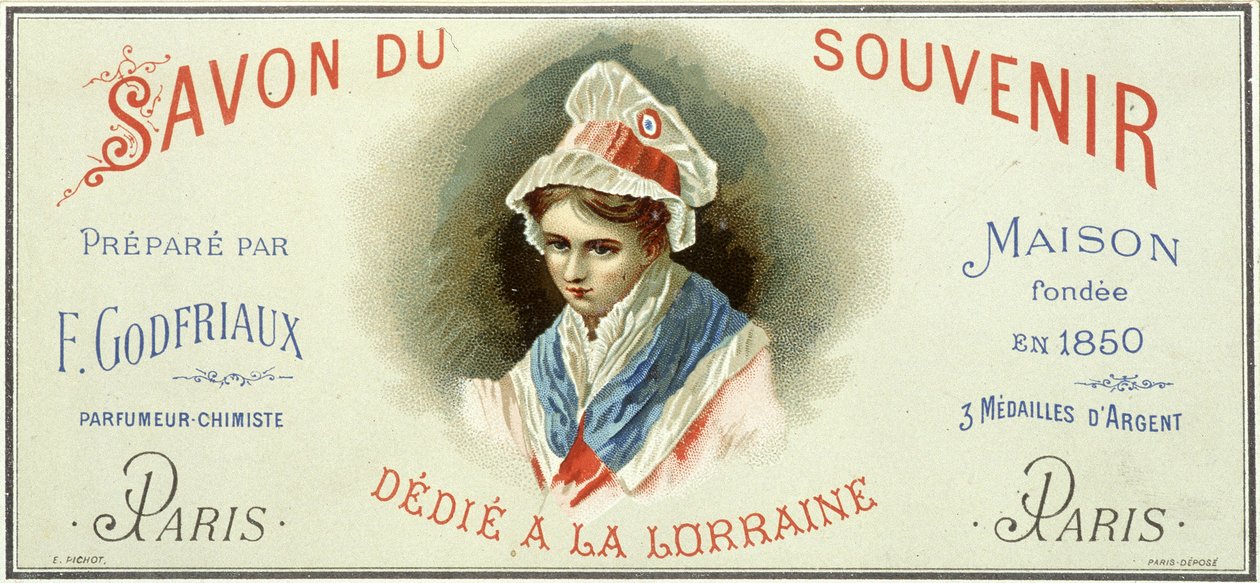 Etiqueta publicitária do “Soap du souvenir, elaborado por F. Godfriaux - Maison fundada em 1850”. Cromolitografia do século XIX. de Unknown artist