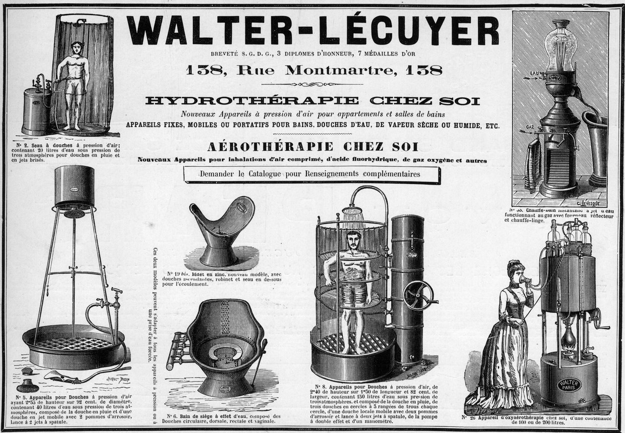 Publicidade de 1889 para móveis para banhos, chuveiros de água, vapor seco ou úmido, bidé, marca Walter-Lecuyer (Walter Lecuyer). de Unknown artist