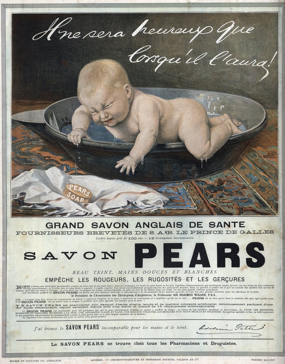 Publicidade de 1889 para o sabonete inglês "Pears" grande sabonete de saúde inglês. Um bebê no banho faz um capricho (choro) e tenta pegar o sabonete. de Unknown artist