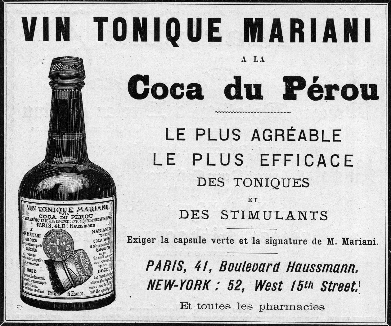Publicidade de 1889 para o "Wine tonic Mariani a la coca du perou" (Cocaína) de Unknown artist