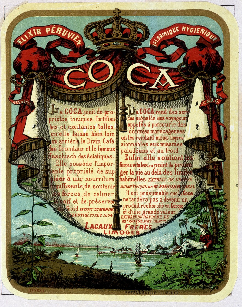 Publicidade da Cocaína (produto extraído da cocaína): "The Peruvian Balsamic Hygienic Exilir COCA", cromolitografia do século XIX. de Unknown artist