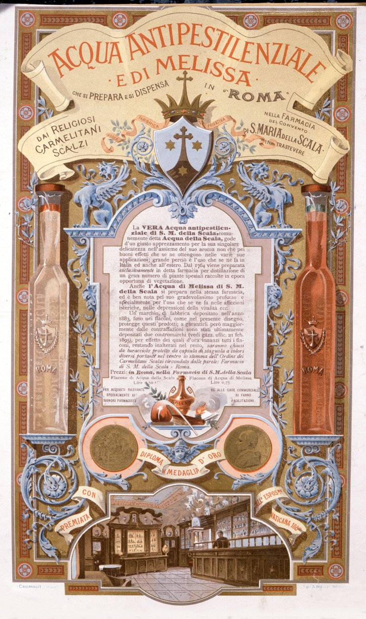 Publicidade de água perfumada: água contra a pestilência do bálsamo de limão. cromolitografia de 1895 de Unknown artist