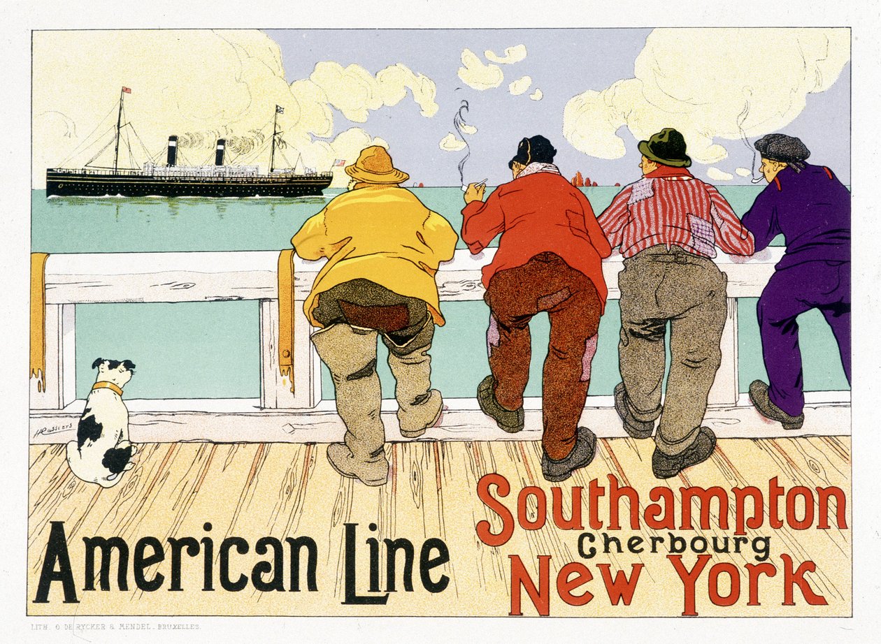Cartaz publicitário da linha americana "Southampton, Cherbourg, New York" em "Pictorial Placard", Bruxelas de Unknown artist