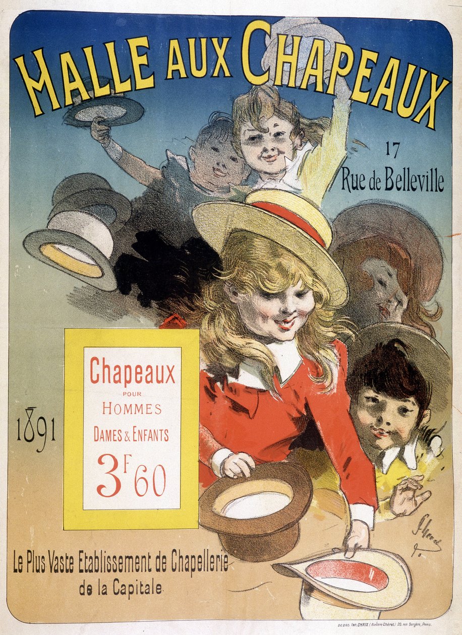 Cartaz publicitário do "Halle aux chapéus", rue de Belleville em Paris de Unknown artist