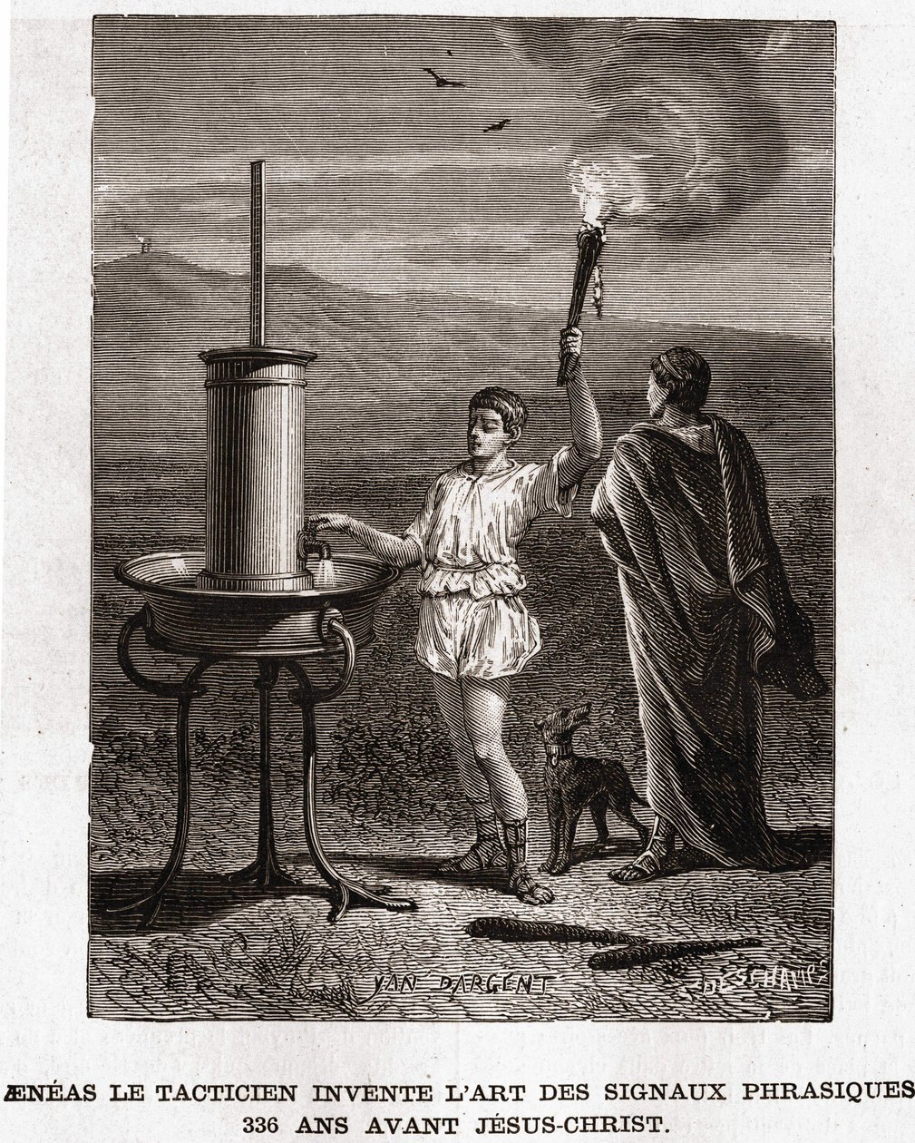 Aenéas o Tático inventa a arte dos sinais frásicos, 366 AC. Gravura do século XIX, coleção bianchetti de Unknown artist