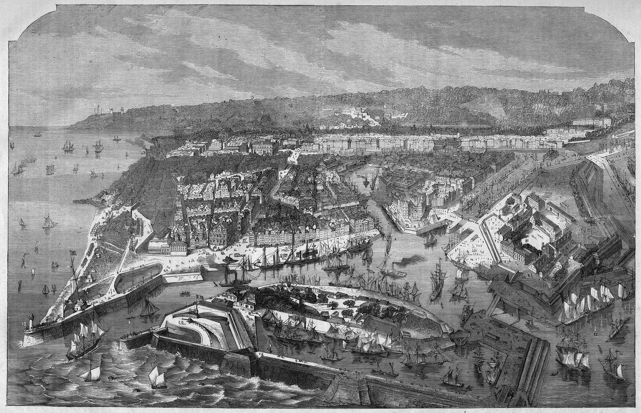 Vista Aerienne do porto e da cidade de Le Havre, Seine-Maritime (Seine Maritime), Normandia, França. Gravura em "L