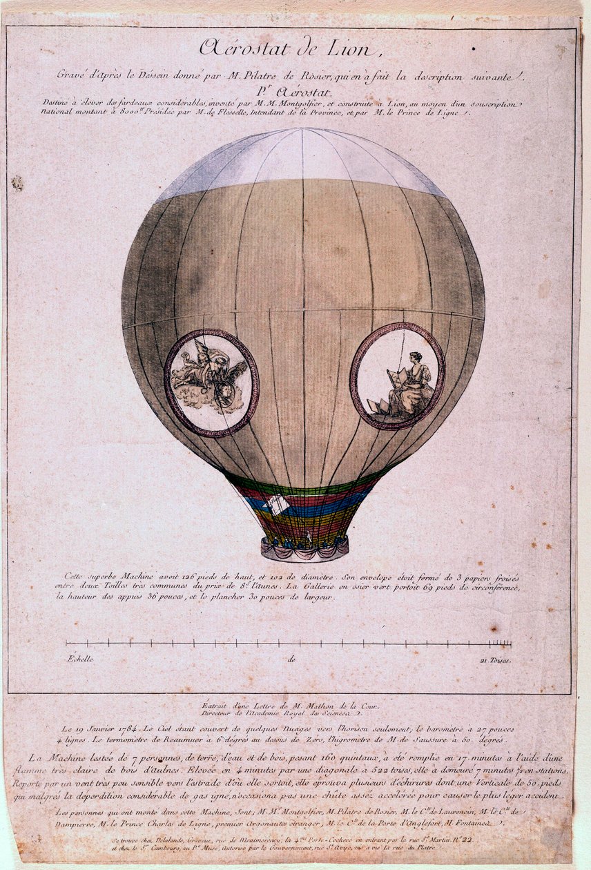 Aerostat de Lyon construído a partir de um modelo dos irmãos Montgolfiere (Joseph e Etienne), cerca de 1783. Gravura do século XIX. Paris, B.N. de Unknown artist