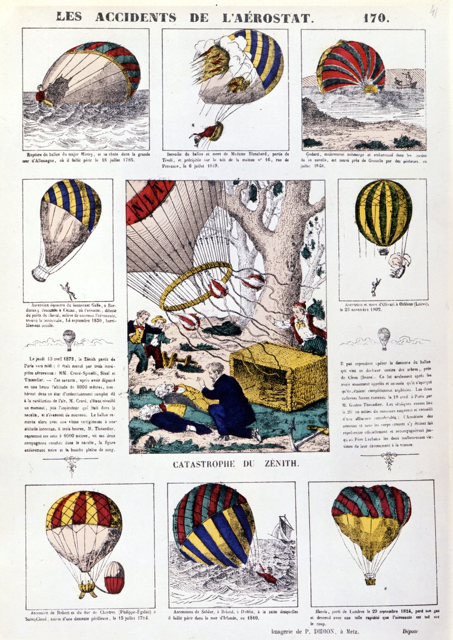 Acidentes com Aerostats. Gráfico ilustrado do século XIX. de Unknown artist