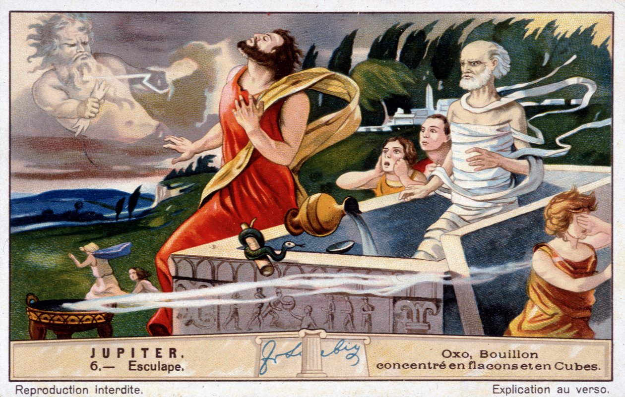 Aesculapus morre, explodido por Júpiter, por ressuscitar os mortos - Oxo chromolithography, produzido Liebig de Unknown artist