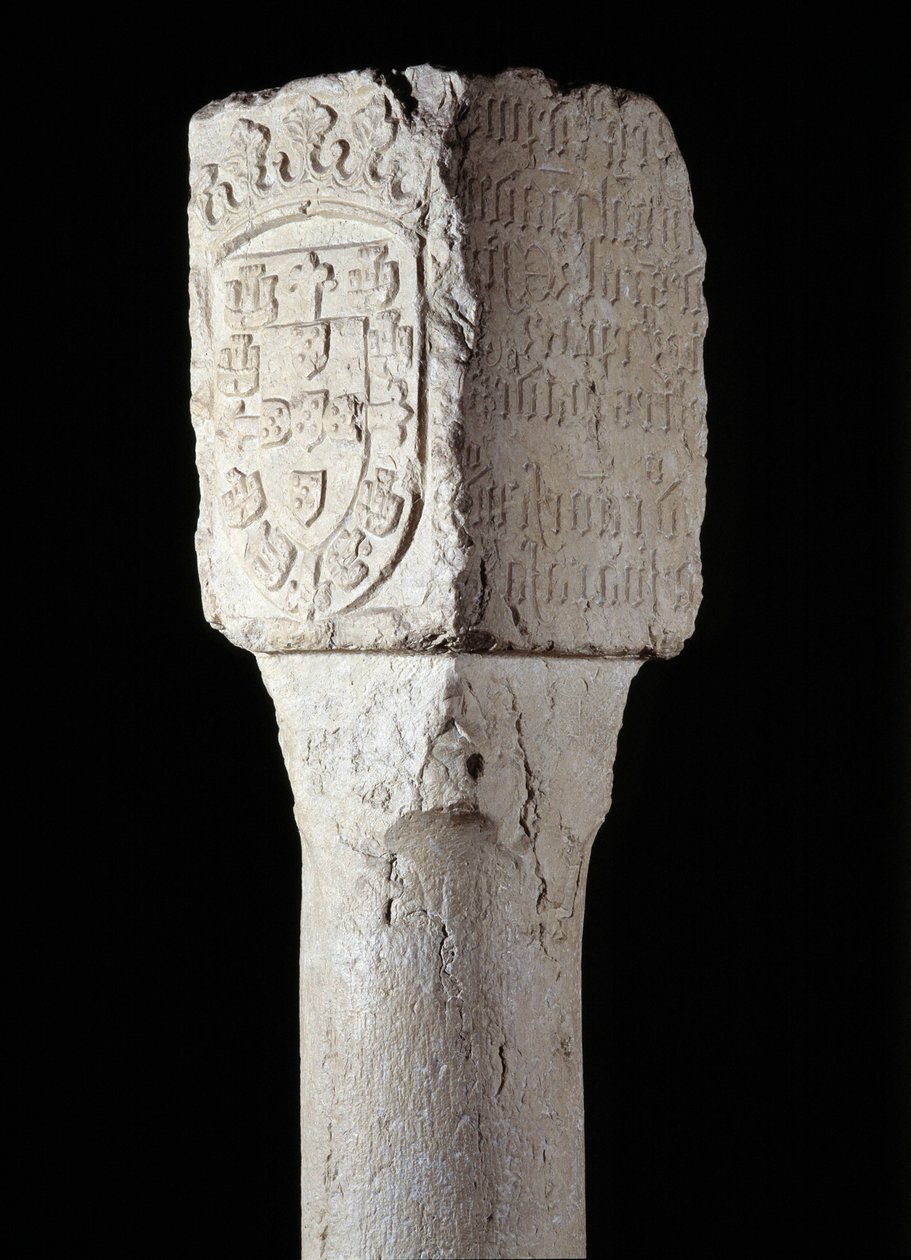Arte Africana: detalhe de um pilar de possessão conhecido como Santo Agostinho erige pelo explorador português Diogo Cao (ou Diego Cam) no sul de Angola. 1486. Lisboa, Museu Nacional de Arte Antiga de Unknown artist