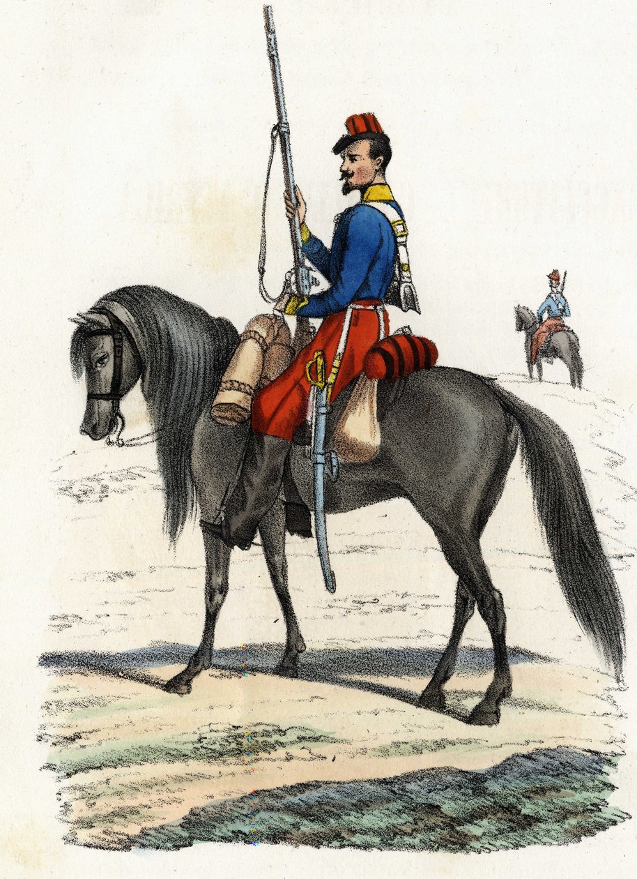 Caçador africano a cavalo, regimento formado em 1831 e presente na Argélia em 1832. Em "Storia d