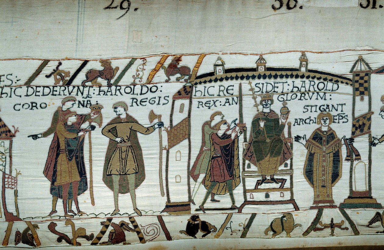 Após a morte de Eduardo, o Confessor, Haroldo foi rei coroado com o nome de Haroldo II em 1066 Detalhe da Tapeçaria Bayeux ou Bordado da Rainha Mathilde de Unknown artist