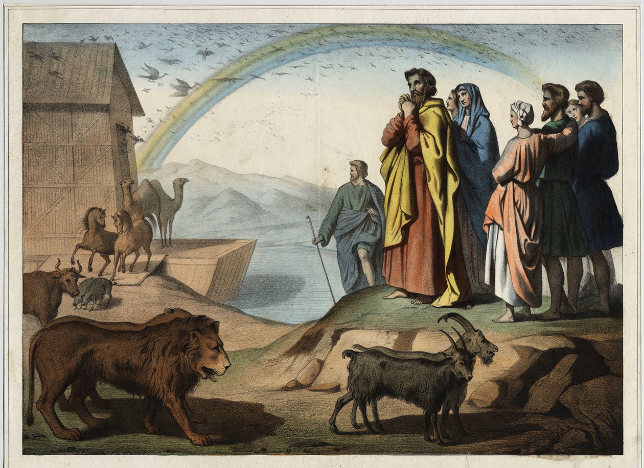 Após a inundação, os animais descem da arca. À direita: Noé, sua esposa, seus três filhos (Shem, Sham e Japhet) e sua esposa. Na parte inferior, o arco-íris (símbolo da ordem da criação conclui entre Noé e Deus). Gravura anônima do de Unknown artist