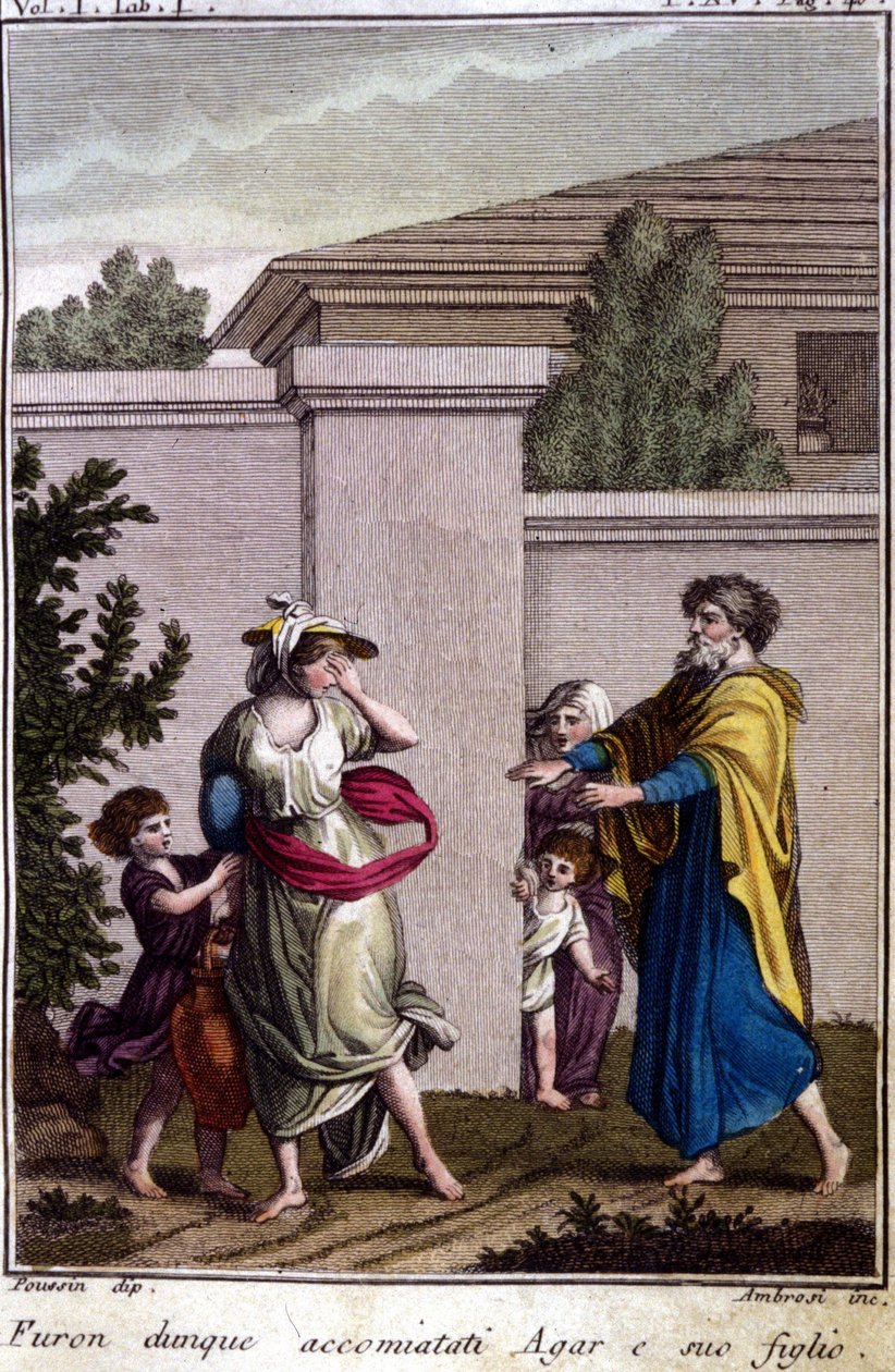Agar e Ismael foram expulsos por Abraham: Agar, que foi dispensado, foi com seu filho, Isamel, após o nascimento de Isaac. Gravura do início do século XIX. de Unknown artist