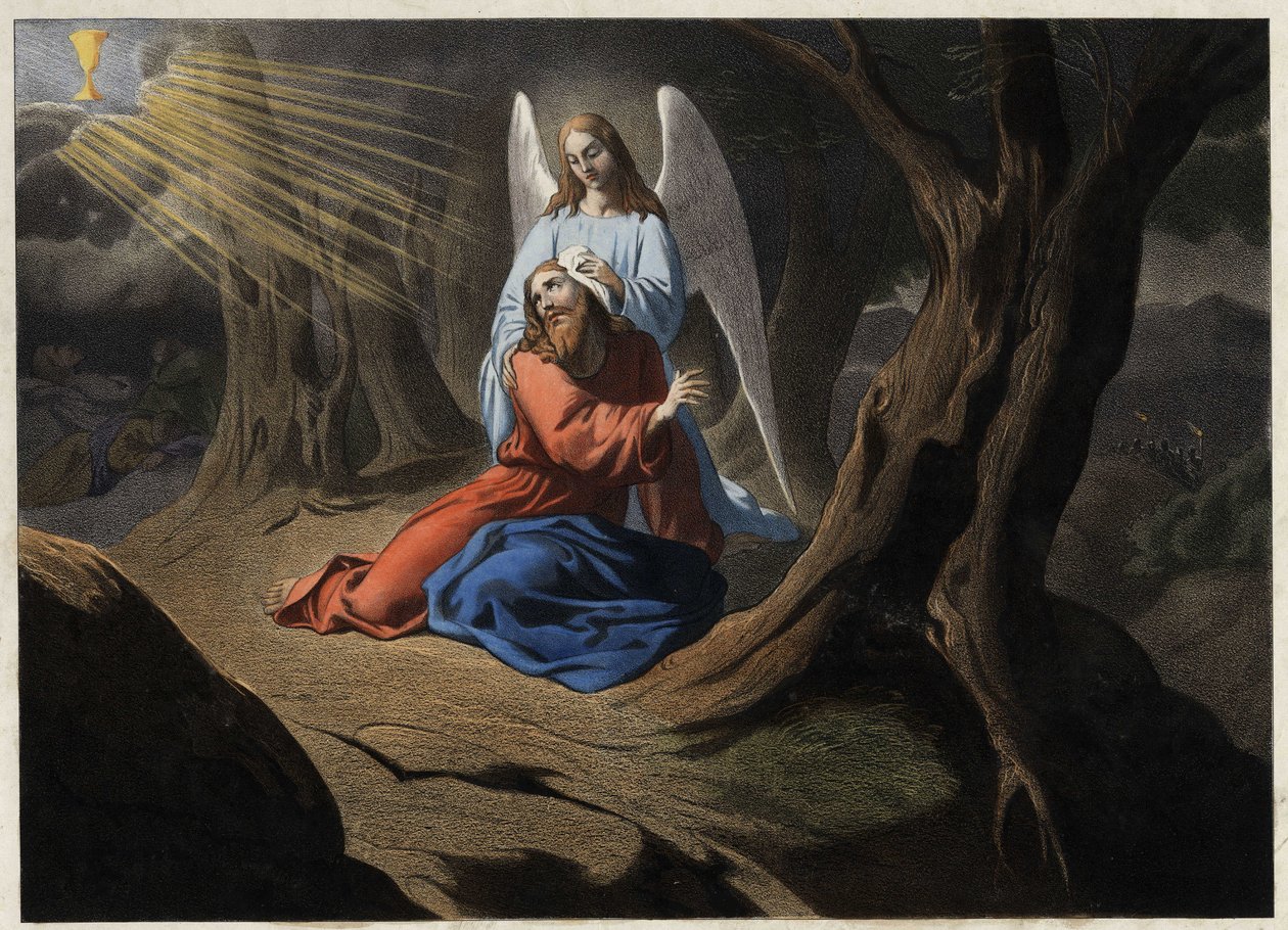 Agonia no Jardim - A oração de Cristo no Jardim das Oliveiras. Gravura anónima de meados do século XIX. de Unknown artist