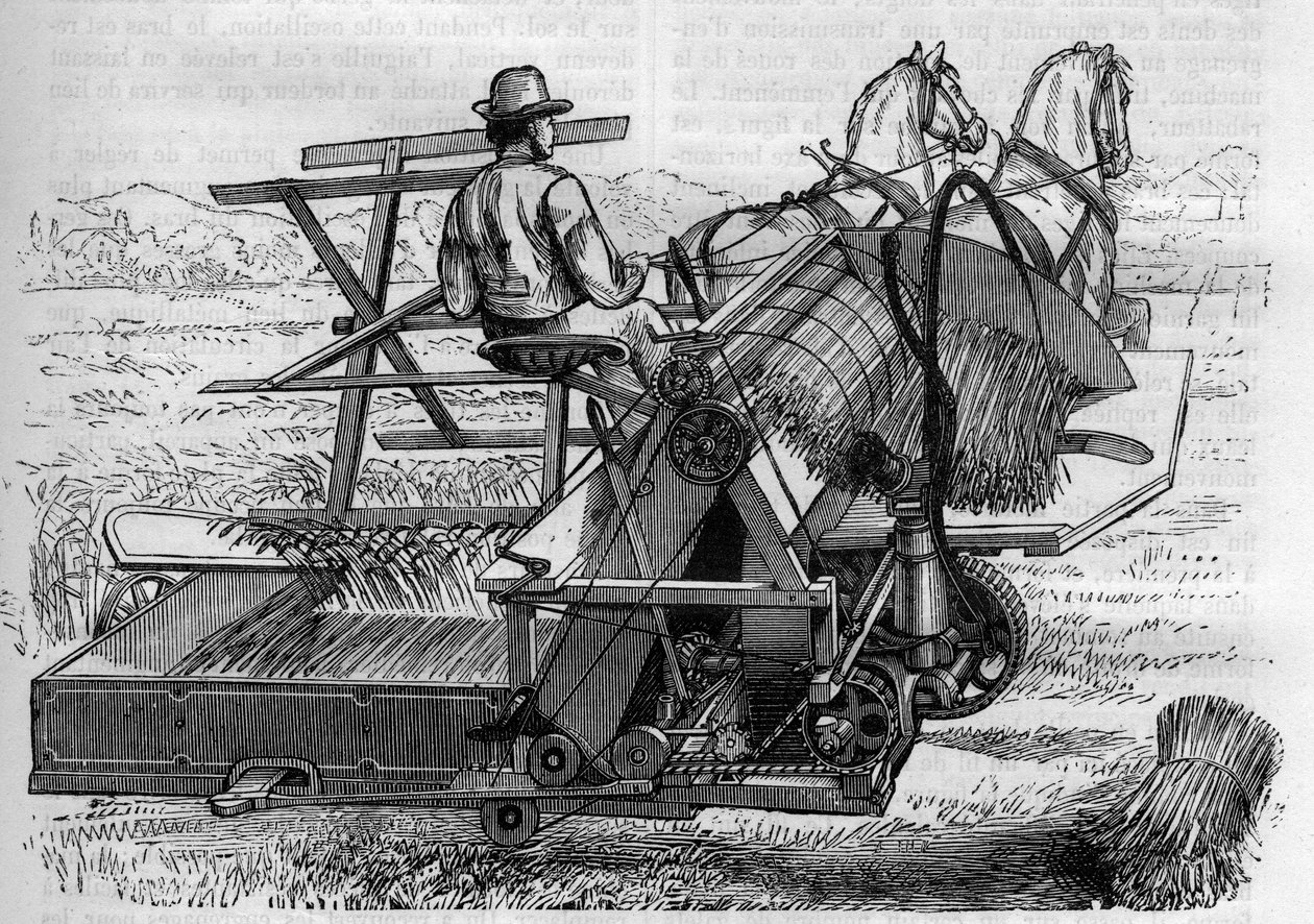 Agricultura e maquinaria agrícola: uma nova ceifeira-debulhadora desenhada por cavalos que prende automaticamente as roldanas de touros nos campos. Gravura em "La Nature". de Unknown artist