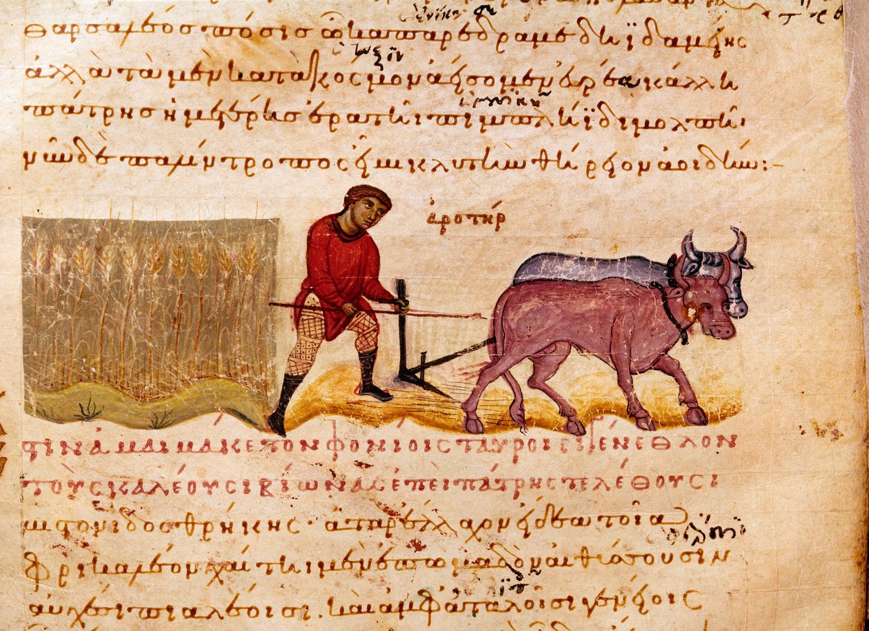 Agricultura: cena da lavoura. Miniatura do comércio de caça "The Cynegetics" de Oppian (Oppian ou Oppianus) da Síria (século III d.C.) dedicada a Caracalla. Veneza do século XI. Biblioteca Marciana de Unknown artist