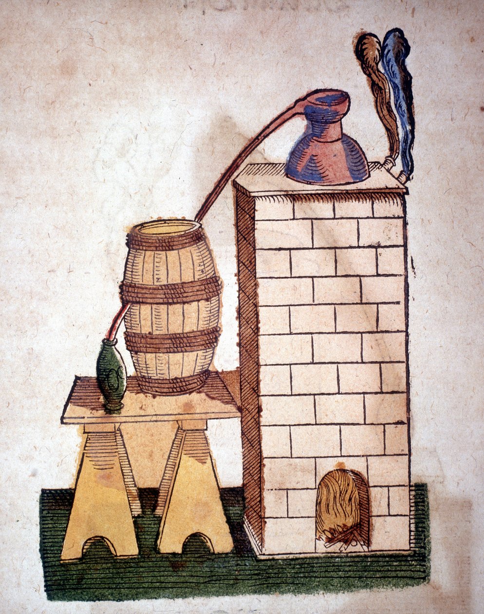 Alquimia: aparelho para destilação. Gravura de um livro de Pietro Andrea Mattioli (Matthiole) (1500-1577). Frankfurt de Unknown artist