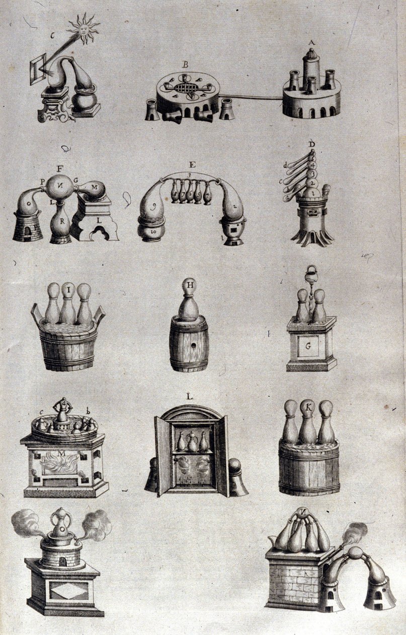 Alquimia: placa representando diferentes modelos de aparelhos de destilação e alambiques. Athanase Kircher (ou Athanasius Kircheri 1602-1680), jesuíta alemão. Gravura do século XVII. de Unknown artist