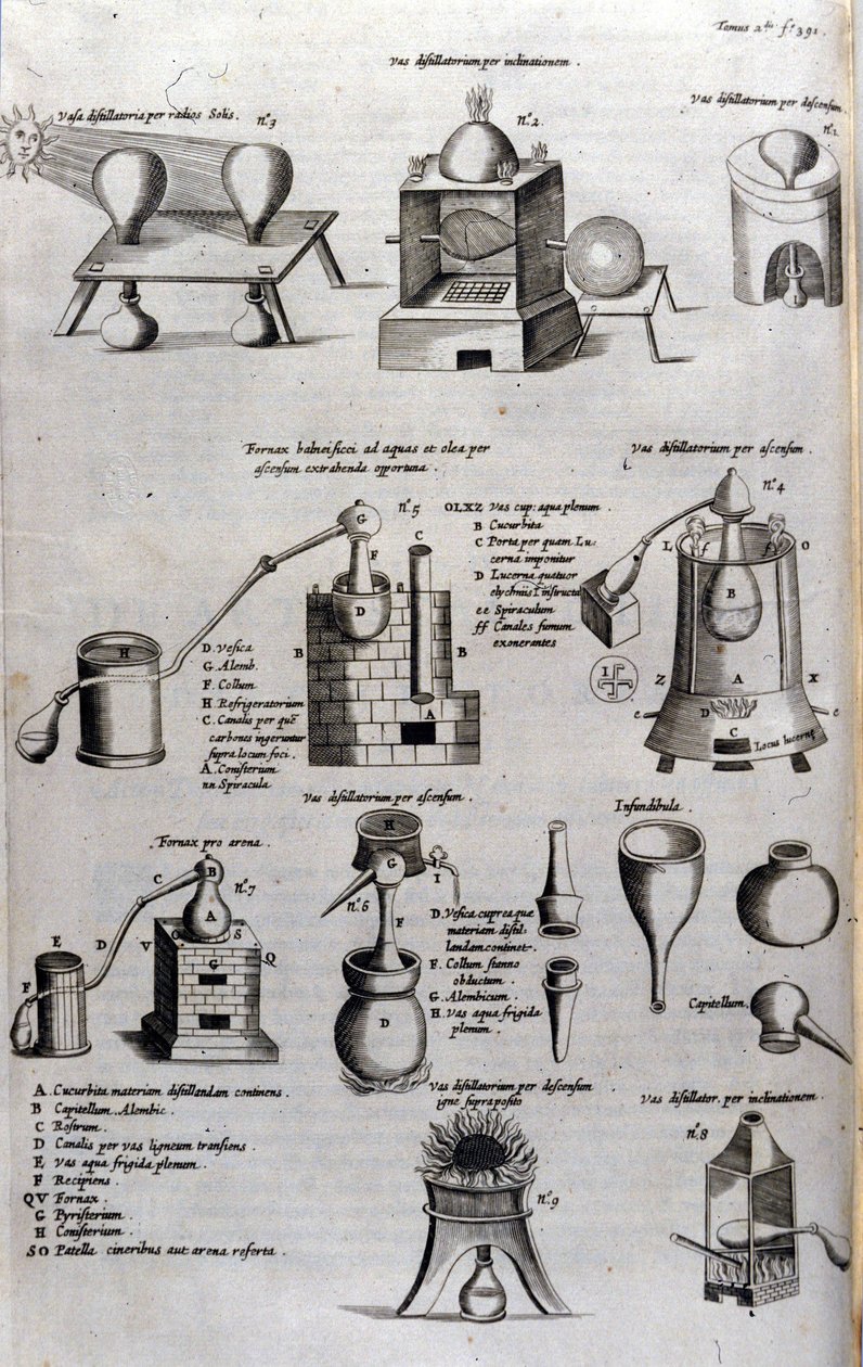 Alquimia: placa representando diferentes modelos de aparelhos de destilação e alambiques. Athanase Kircher (ou Athanasius Kircheri 1602-1680), jesuíta alemão. Gravura do século XVII. de Unknown artist