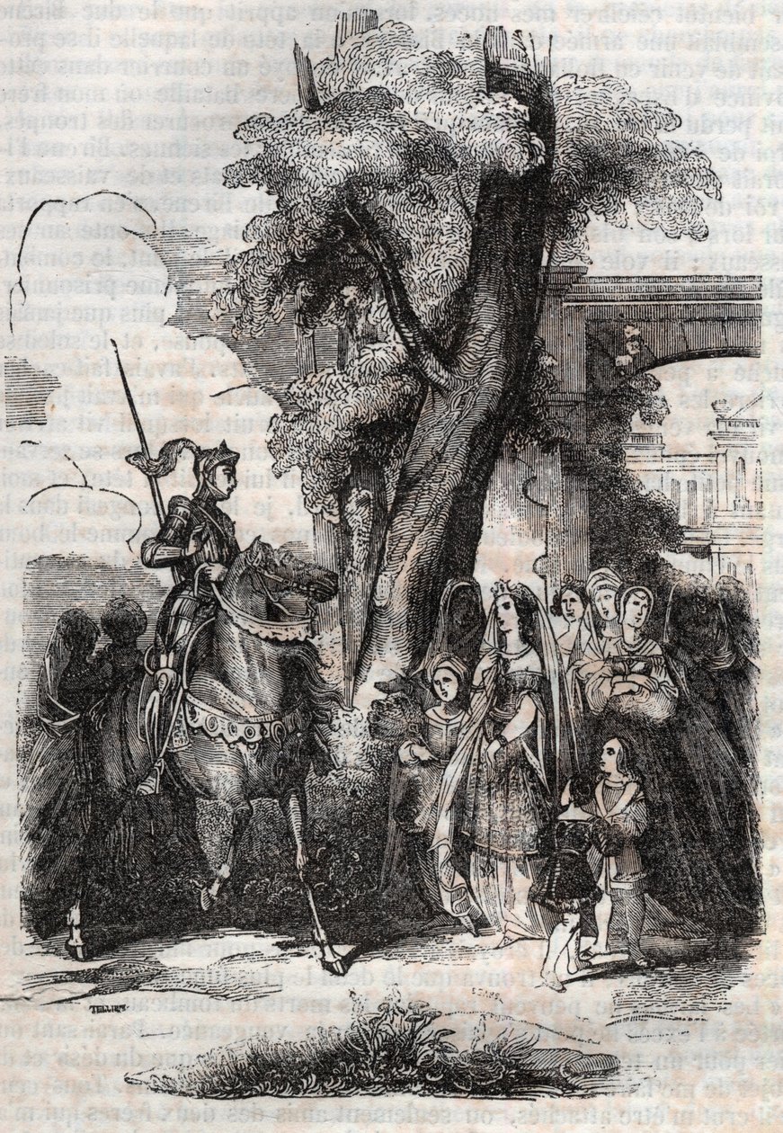 Alcina e sua corte vêm saudar Ruggiero - Gravura de 1851 do poema Orlando furioso (1516) de Ludovico Ariosto, - Edição traduzida do italiano pelo Conde de Tressan e publicada por Gustave Harvard 1851 de Unknown artist