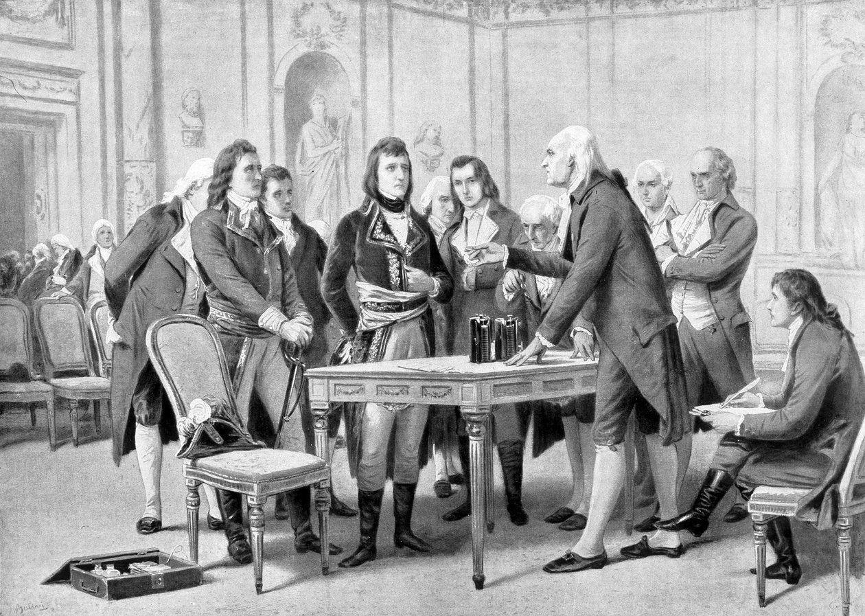 Alessandro (Alexandre) Volta explica a Napoleão Bonaparte o princípio de sua bateria elétrica - em "O Universo e a Humanidade", de Kraemer de Unknown artist