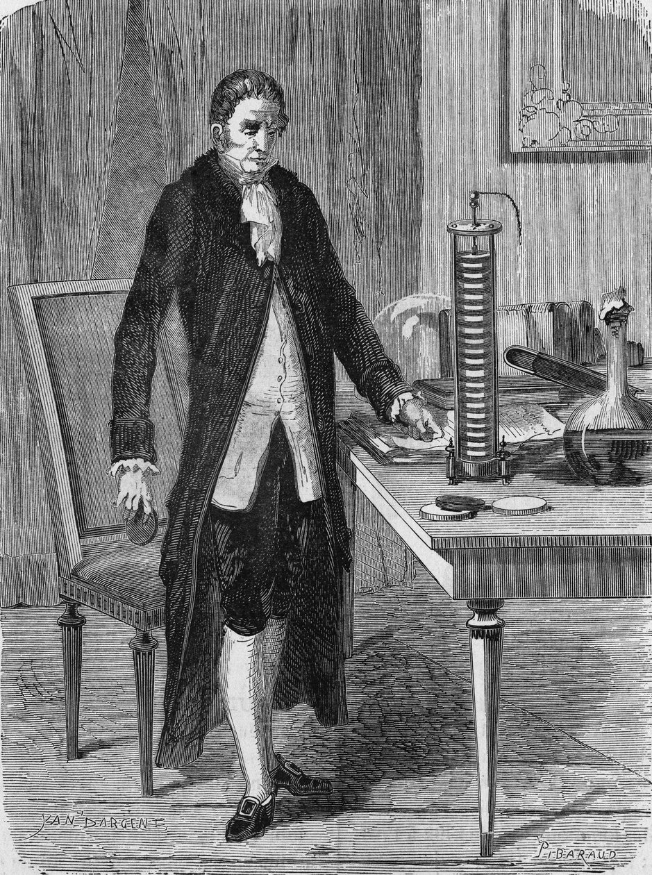 Alexander (Alessandro) Volta construiu, em dezembro de 1799, o motor elétrico (ou bateria). In" Album de la Science", Éditions Jouvet de Unknown artist