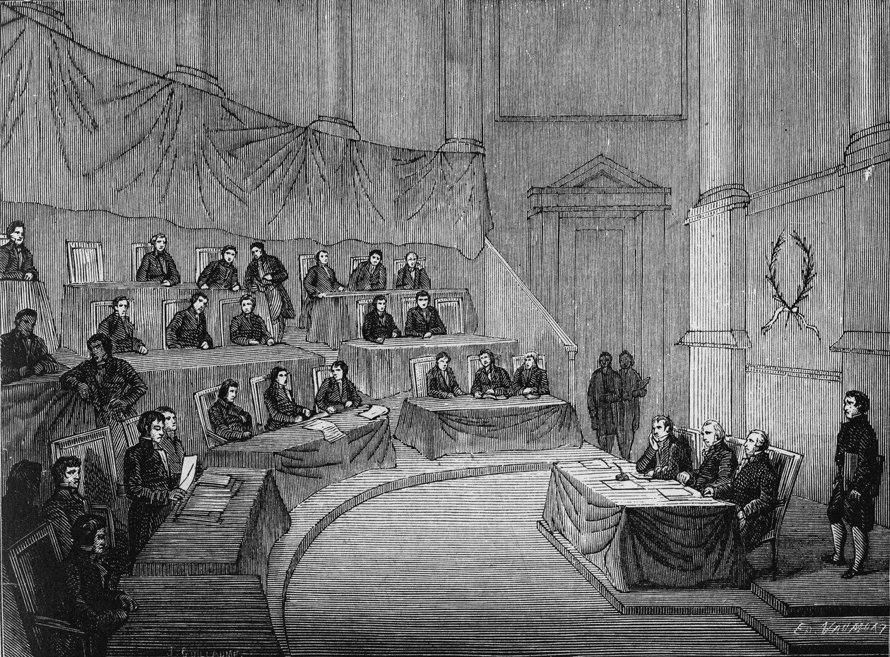 Alexandre (Alexandre) Volta leu perante a Academia de Ciências sua tese sobre a pilha na presença do primeiro Cônsul Bonaparte em 18 de novembro de Unknown artist