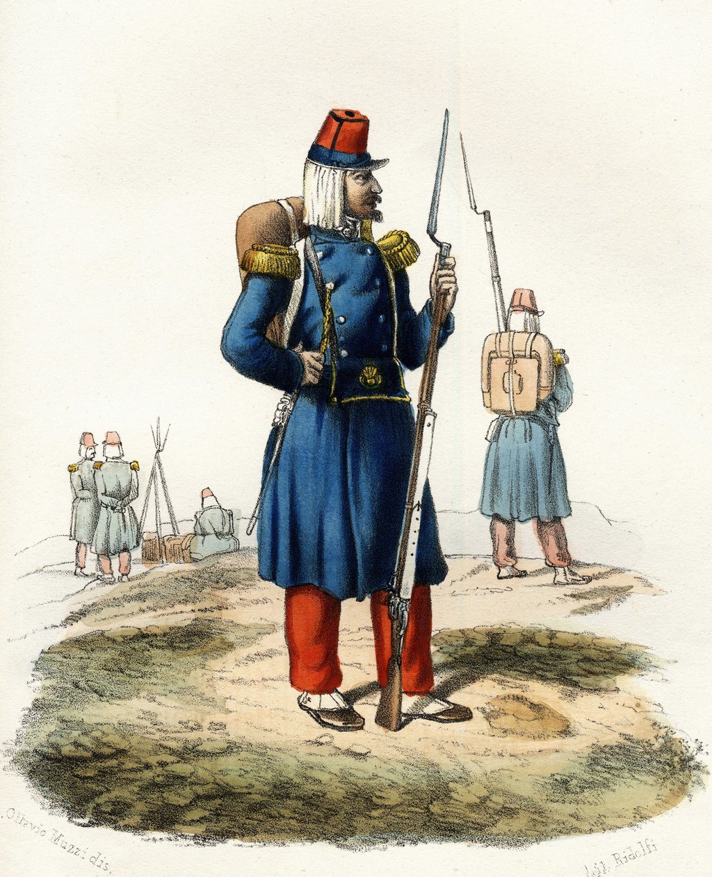 Algerie, infantaria ligeira do exército francês de África durante a expedição de 1830. Em "Storia d
