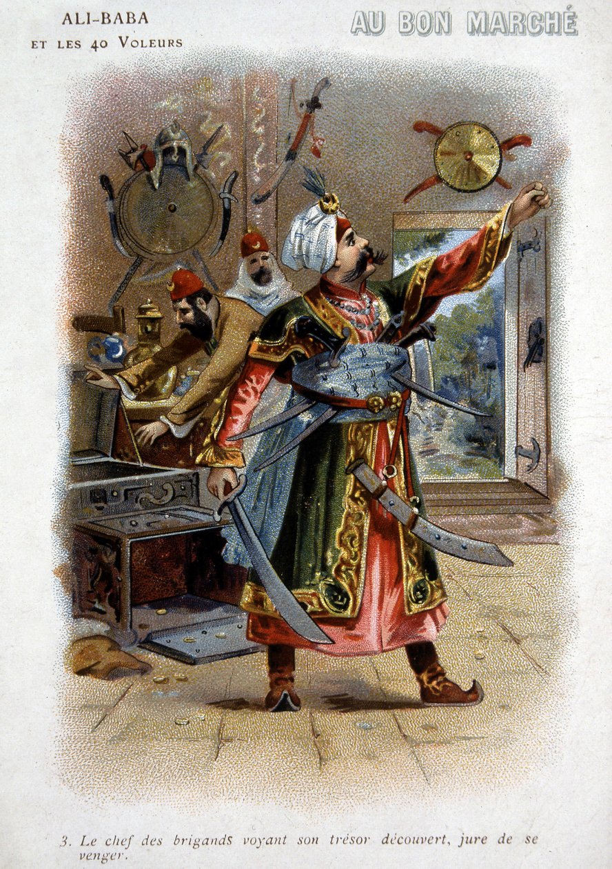 Ali - Baba (Ali Baba) e os 40 Ladrões (contos dos mil e uma noites): O chefe dos ladrões vendo seu tesouro descoberto, jura vingança - Papelão da "Boa Marcha", final do século XIX de Unknown artist