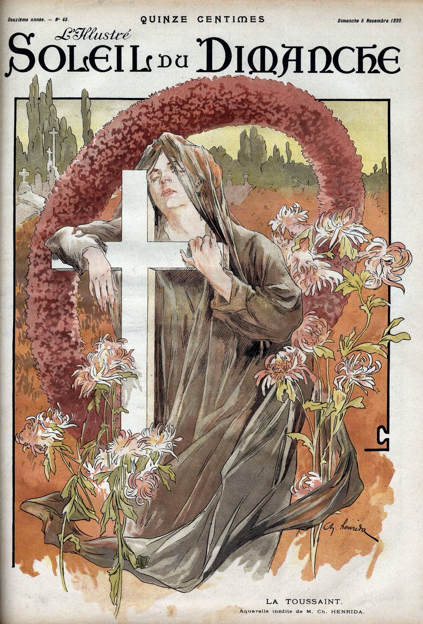 All Saints. Alegoria da festa da morte com uma mulher de fato de luto em uma cruz católica num cemitério. Gravura em "Le sun-du-dimanche", 5 de novembro de Unknown artist