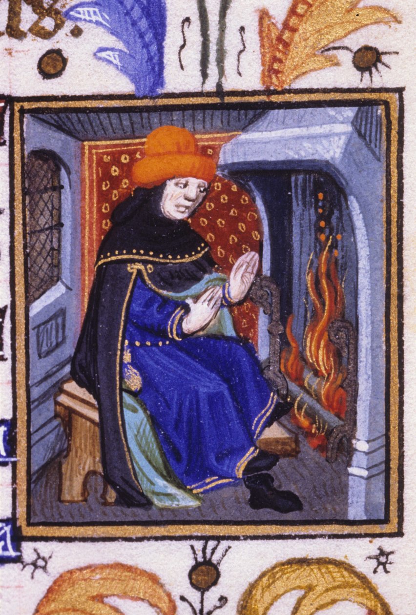 Representação alegórica de Fevereiro. Um homem aquece-se em frente à sua lareira. Miniatura de um manuscrito do século XIV. de Unknown artist