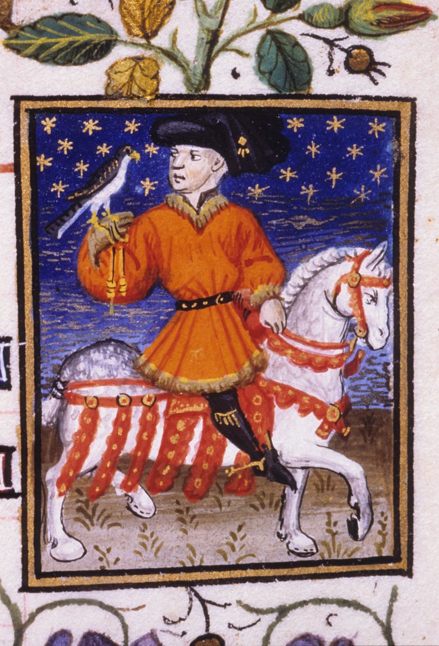 Representação alegórica de Maio. Um jovem senhor com o sutiã apertado no joelho por uma liga segurando um falcão. Miniatura de um manuscrito do século XIV; de Unknown artist