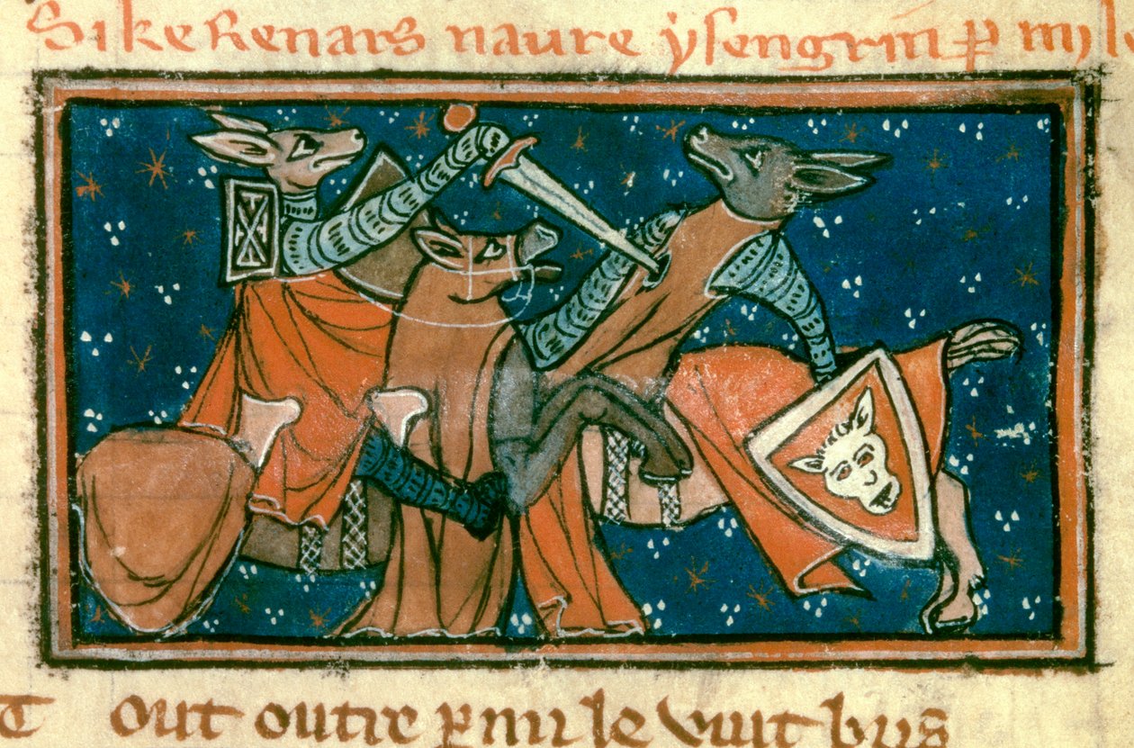 Alegoria sobre a sociedade da Idade Média: "Feridas de raposa Isengrin em combate singular". Miniatura do manuscrito "O romano De Renart Le Nouvel" de Jacquemart Gielee de Unknown artist