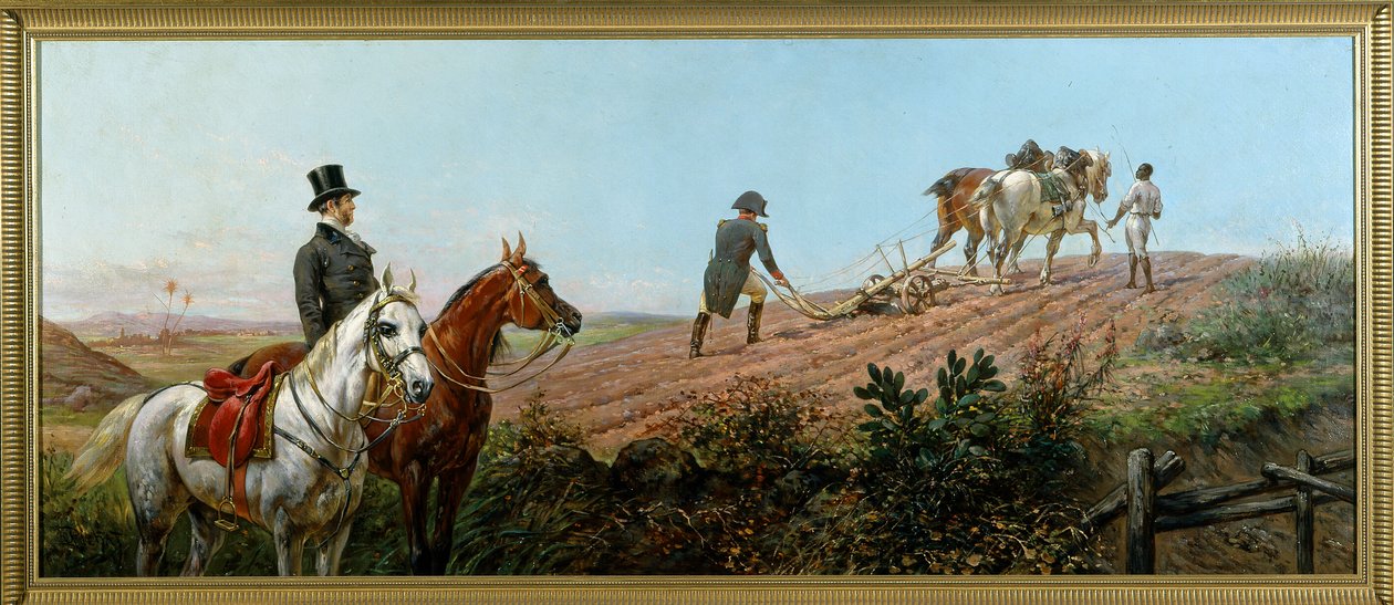 Alegoria retratando Napoleão arando sob a supervisão de seu servo negro em Santa Helena, óleo sobre tela de Olivier Pichat (1825 - 1912) de Unknown artist