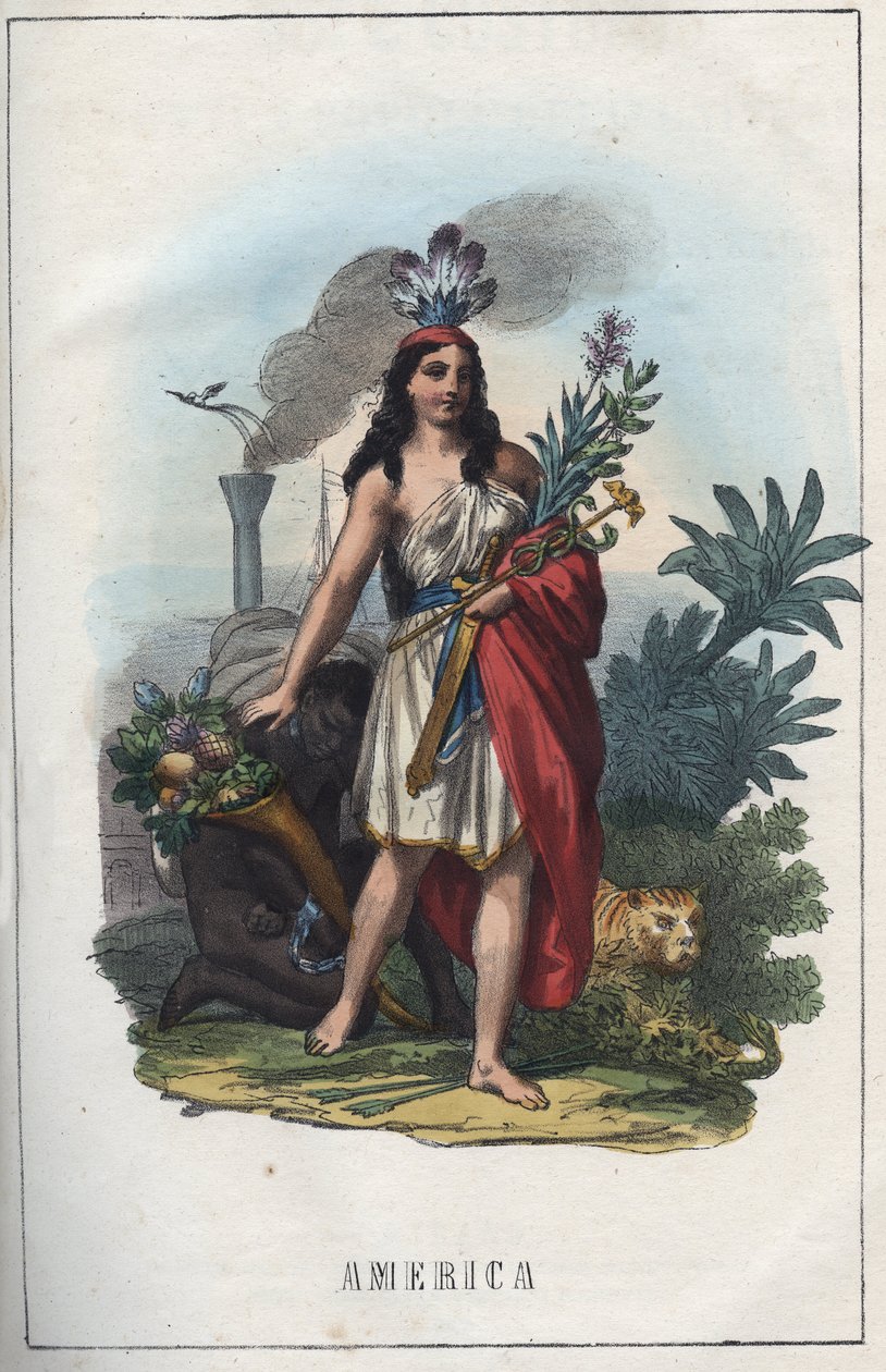 Alegoria da América, frontispício de "Usos e costumes de todos os povos do Universo". Ou História do Governo, Leis, Milícias, Religião de Todas as Nações desde os tempos mais remotos até ao dia de hoje" 1856 de Unknown artist